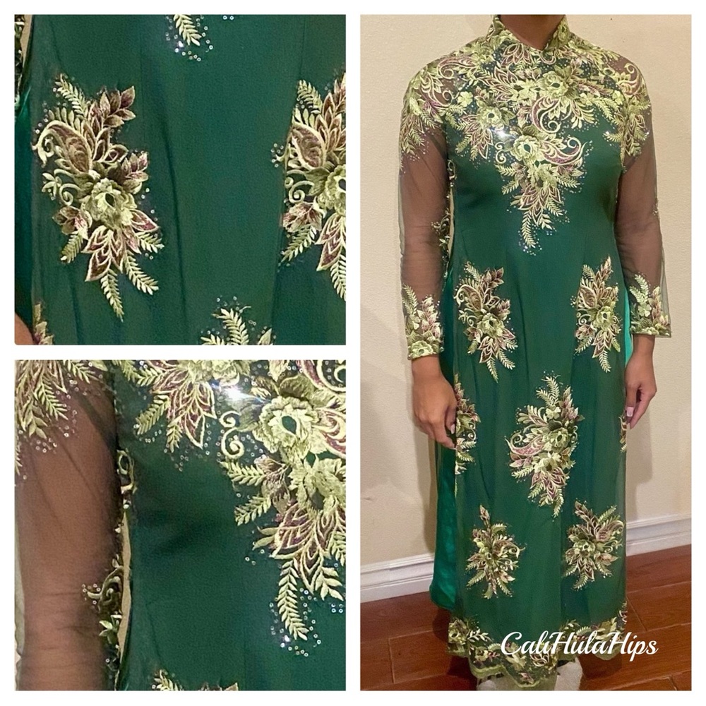 Elegant Asian Green Floral Embroidered Dress
